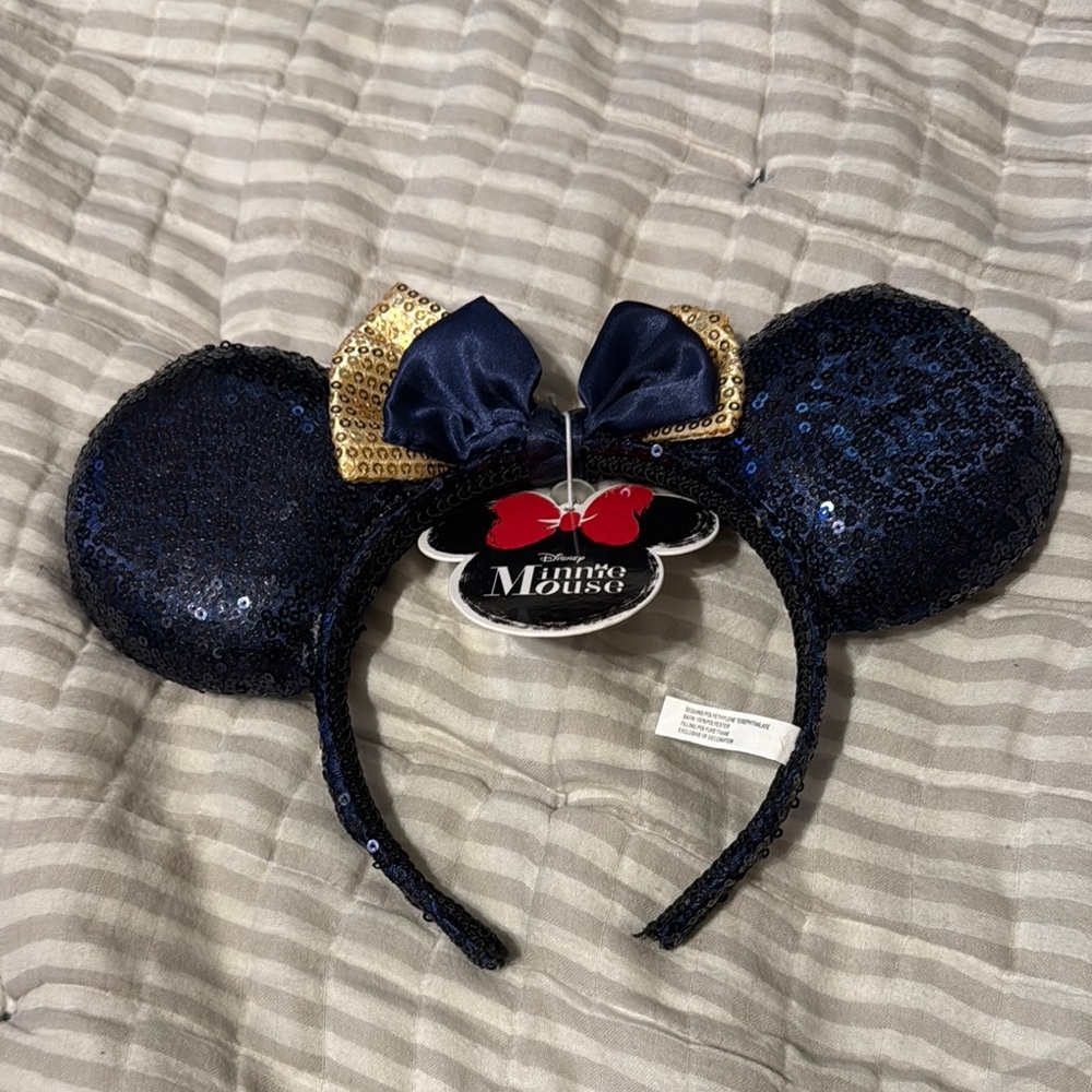 Navy Sequin Minnie Mouse Ears with Gold Bow